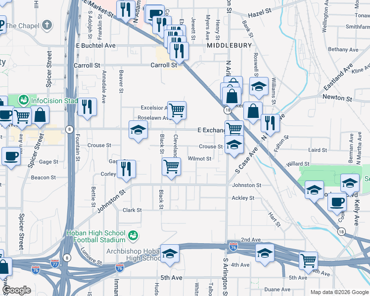 map of restaurants, bars, coffee shops, grocery stores, and more near 313 Cleveland Street in Akron