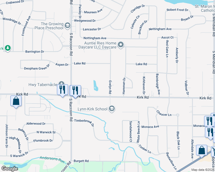 map of restaurants, bars, coffee shops, grocery stores, and more near 3060 Evelyn Road in Youngstown