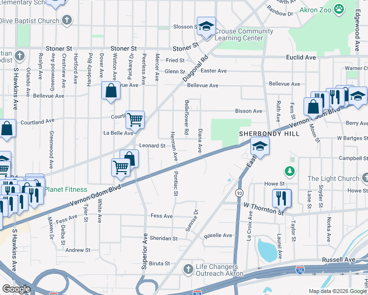 map of restaurants, bars, coffee shops, grocery stores, and more near 787 Leonard Street in Akron