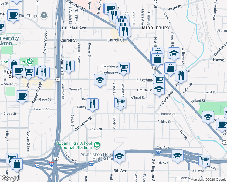 map of restaurants, bars, coffee shops, grocery stores, and more near 314 Black Street in Akron