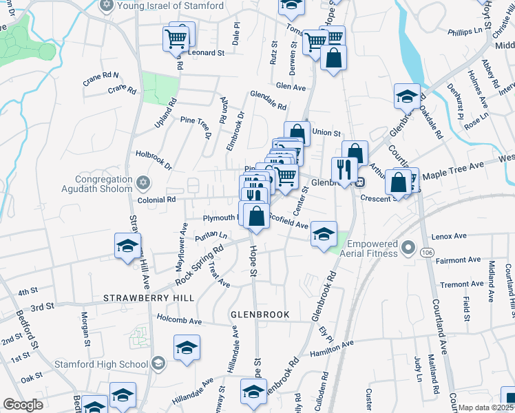 map of restaurants, bars, coffee shops, grocery stores, and more near 44 Colonial Road in Stamford
