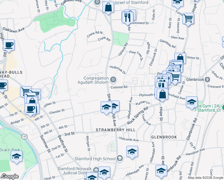 map of restaurants, bars, coffee shops, grocery stores, and more near 168 Colonial Road in Stamford