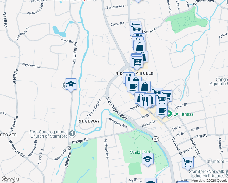 map of restaurants, bars, coffee shops, grocery stores, and more near 96 Cold Spring Road in Stamford
