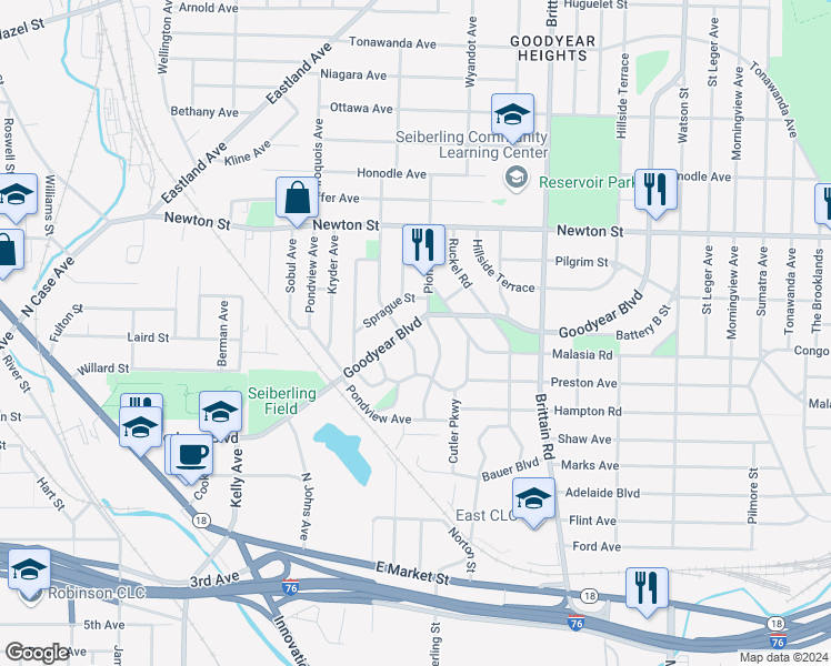 map of restaurants, bars, coffee shops, grocery stores, and more near 1398 Goodyear Boulevard in Akron
