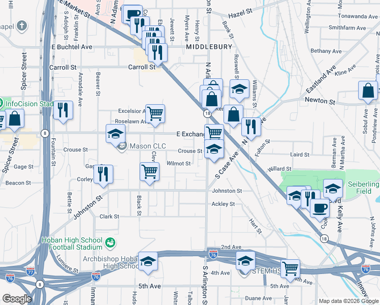 map of restaurants, bars, coffee shops, grocery stores, and more near 78 Forrest Street in Akron
