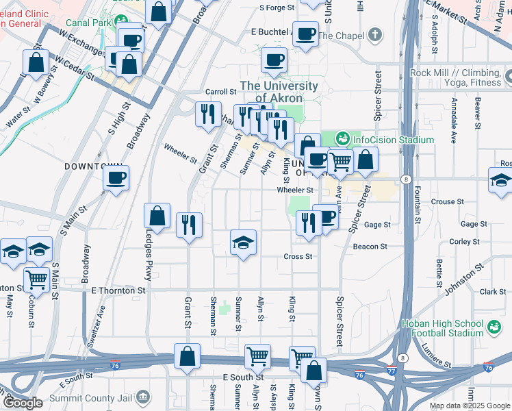 map of restaurants, bars, coffee shops, grocery stores, and more near 489 Sumner Street in Akron