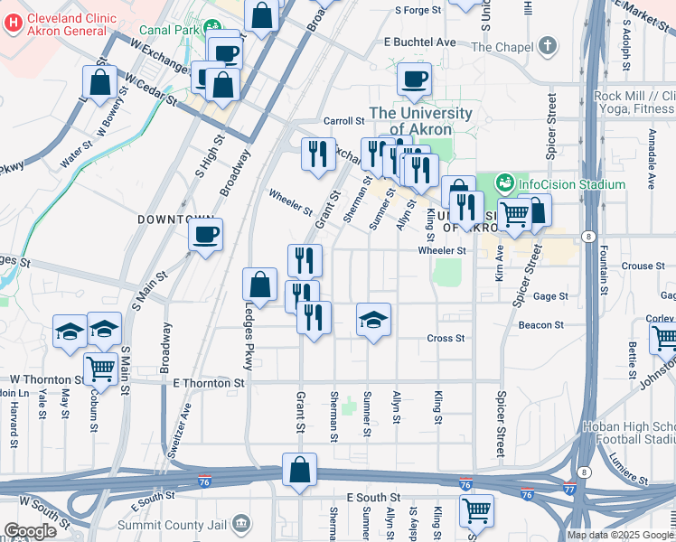map of restaurants, bars, coffee shops, grocery stores, and more near 490 Rentschler Street in Akron