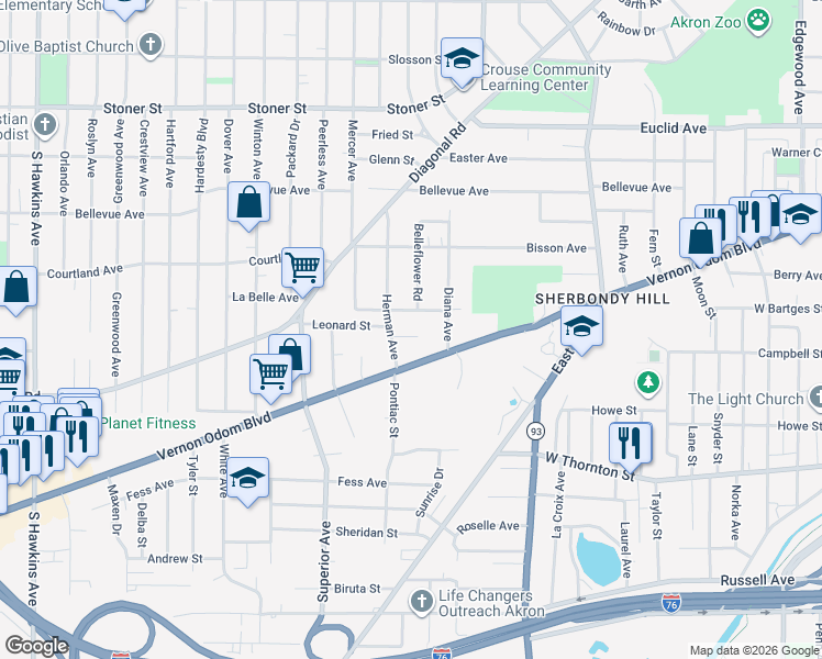map of restaurants, bars, coffee shops, grocery stores, and more near 787 Leonard Street in Akron