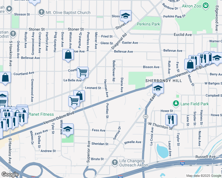 map of restaurants, bars, coffee shops, grocery stores, and more near 787 Leonard Street in Akron