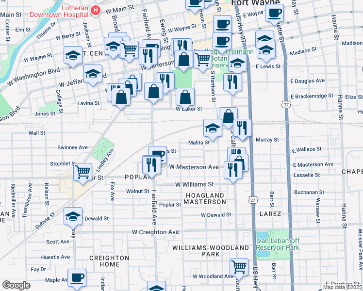 map of restaurants, bars, coffee shops, grocery stores, and more near 357 Melita Street in Fort Wayne