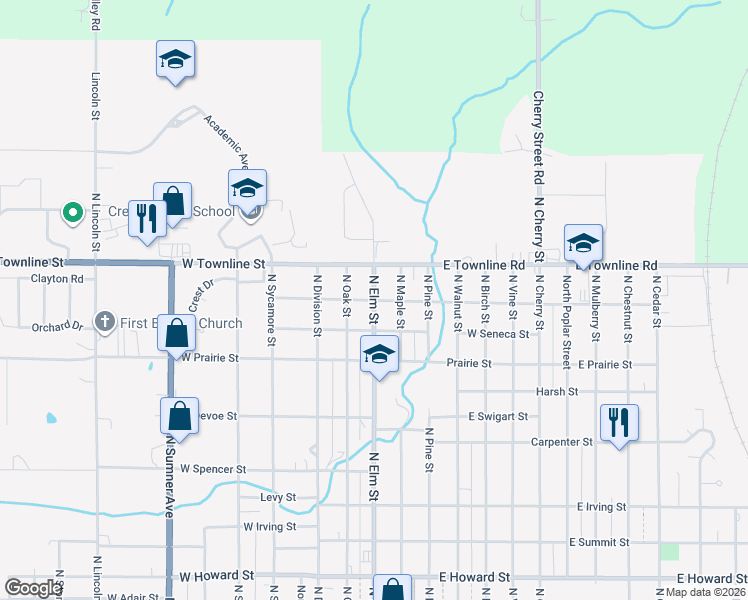 map of restaurants, bars, coffee shops, grocery stores, and more near 299 West Buckeye Street in Creston