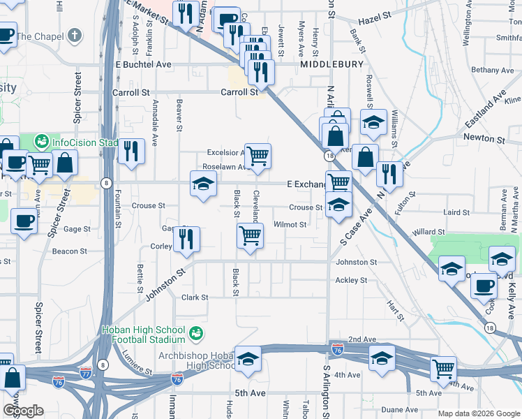 map of restaurants, bars, coffee shops, grocery stores, and more near 313 Cleveland Street in Akron