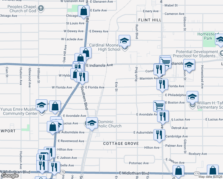 map of restaurants, bars, coffee shops, grocery stores, and more near 129 East Florida Avenue in Youngstown