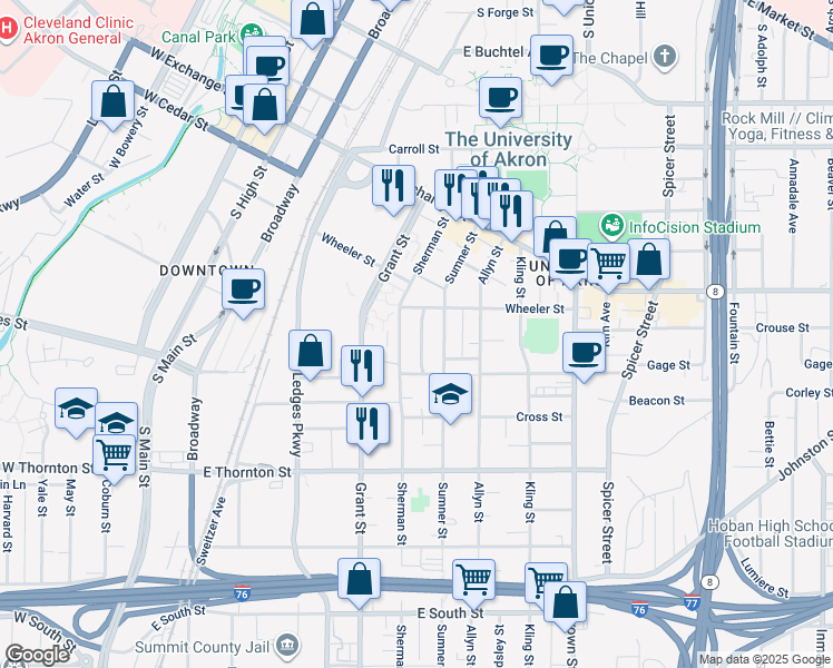 map of restaurants, bars, coffee shops, grocery stores, and more near 490 Rentschler Street in Akron