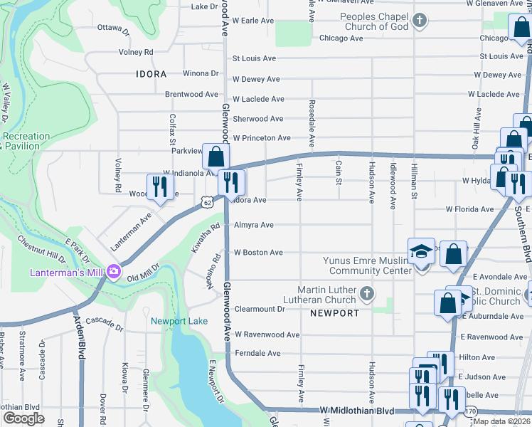 map of restaurants, bars, coffee shops, grocery stores, and more near 570 Almyra Avenue in Youngstown