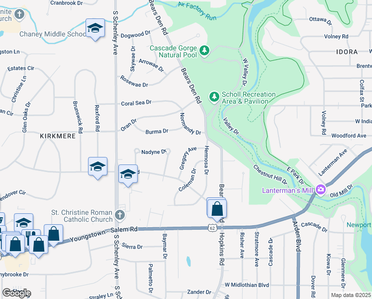 map of restaurants, bars, coffee shops, grocery stores, and more near in Youngstown