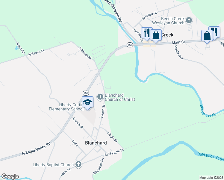 map of restaurants, bars, coffee shops, grocery stores, and more near Beech Street in Blanchard