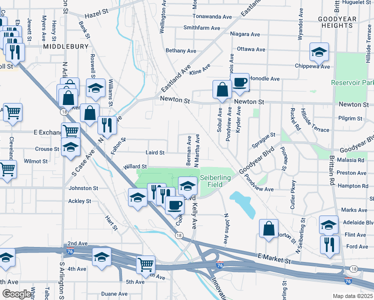 map of restaurants, bars, coffee shops, grocery stores, and more near 1227 Laird Street in Akron