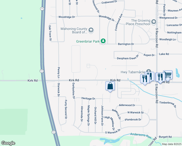 map of restaurants, bars, coffee shops, grocery stores, and more near 4780 Kirk Road in Youngstown