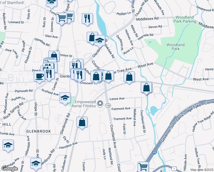 map of restaurants, bars, coffee shops, grocery stores, and more near 336 Courtland Avenue in Stamford