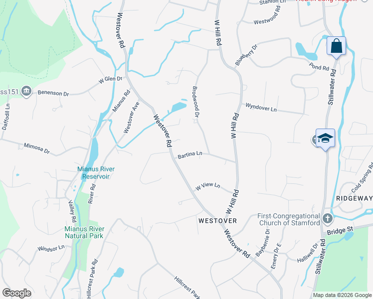 map of restaurants, bars, coffee shops, grocery stores, and more near 26 Bartina Lane in Stamford