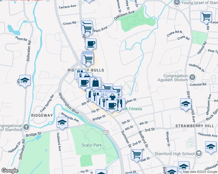 map of restaurants, bars, coffee shops, grocery stores, and more near 2233 Bedford Street in Stamford
