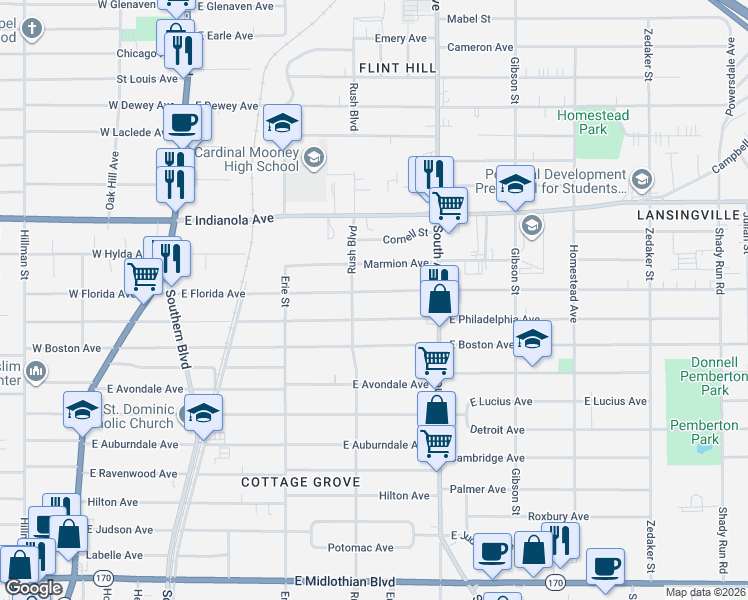 map of restaurants, bars, coffee shops, grocery stores, and more near 323 East Florida Avenue in Youngstown