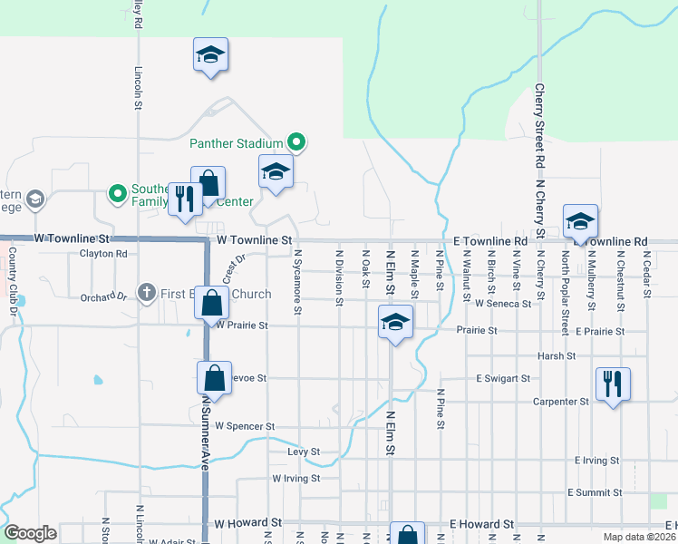 map of restaurants, bars, coffee shops, grocery stores, and more near 501 West Buckeye Street in Creston