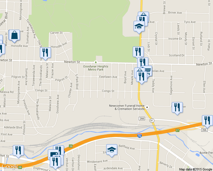 map of restaurants, bars, coffee shops, grocery stores, and more near 437 Tompkins Ave in Akron