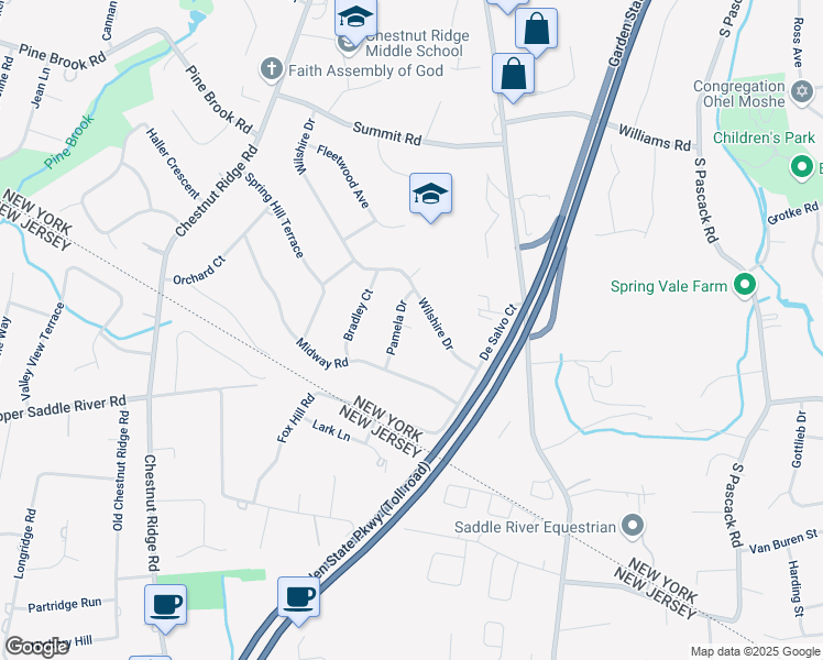 map of restaurants, bars, coffee shops, grocery stores, and more near 6 Pamela Drive in Spring Valley
