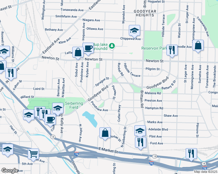 map of restaurants, bars, coffee shops, grocery stores, and more near 1398 Goodyear Boulevard in Akron