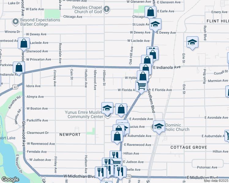 map of restaurants, bars, coffee shops, grocery stores, and more near 129 West Florida Avenue in Youngstown
