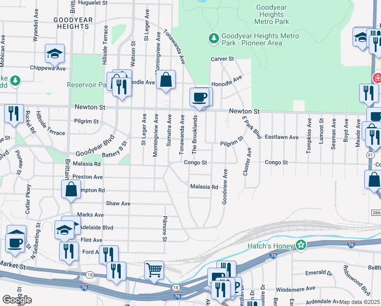 map of restaurants, bars, coffee shops, grocery stores, and more near 286 The Brooklands in Akron