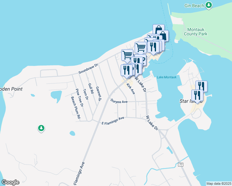 map of restaurants, bars, coffee shops, grocery stores, and more near 322 Flamingo Avenue in Montauk