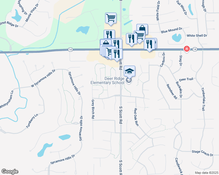 map of restaurants, bars, coffee shops, grocery stores, and more near 1521 Spring Cress Rd in Fort Wayne