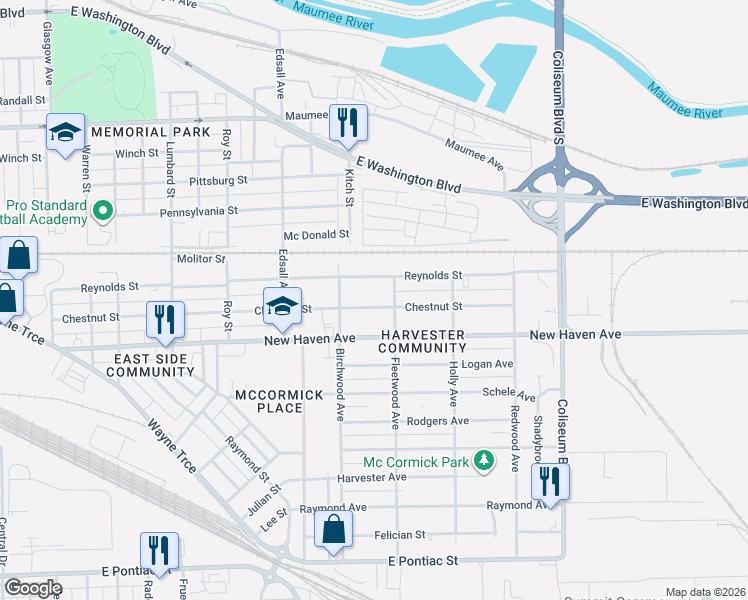 map of restaurants, bars, coffee shops, grocery stores, and more near 3331 Chestnut Street in Fort Wayne