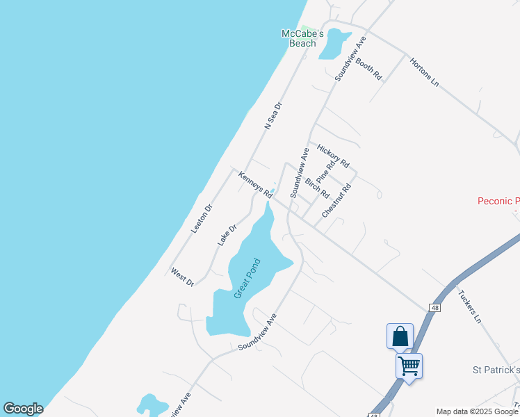 map of restaurants, bars, coffee shops, grocery stores, and more near 3175 Kenneys Road in Southold