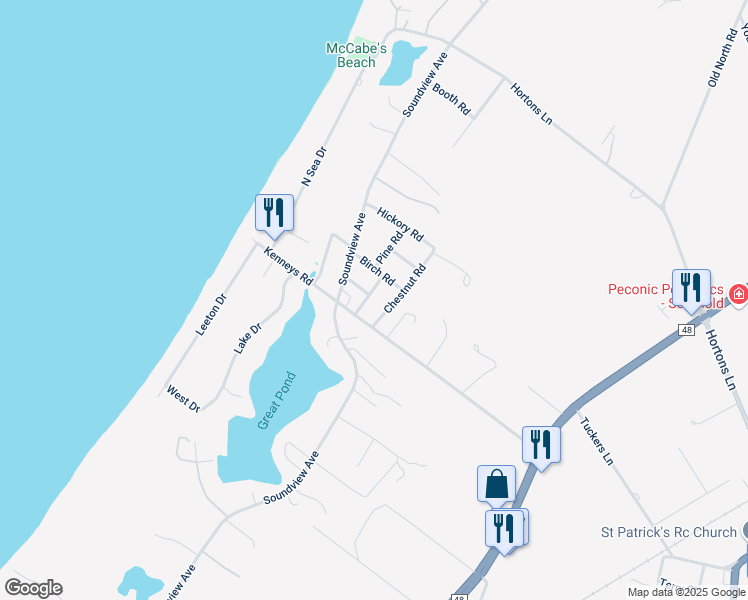 map of restaurants, bars, coffee shops, grocery stores, and more near 250 Wesland Road in Southold