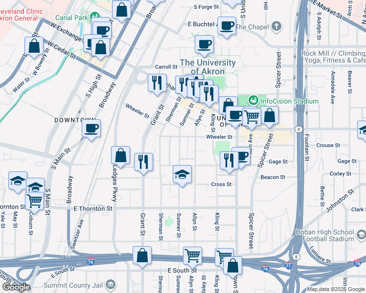 map of restaurants, bars, coffee shops, grocery stores, and more near 489 Sumner Street in Akron
