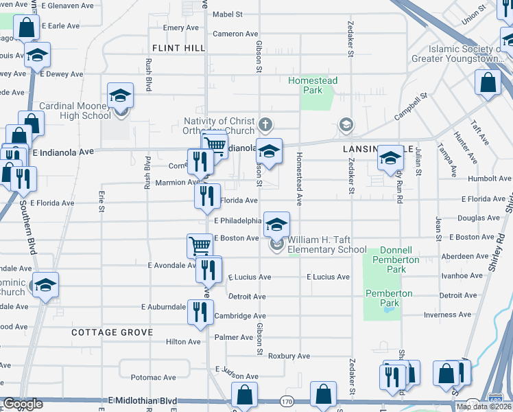 map of restaurants, bars, coffee shops, grocery stores, and more near 581 East Florida Avenue in Youngstown