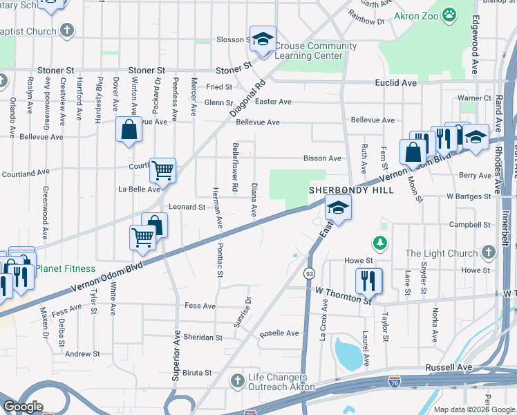 map of restaurants, bars, coffee shops, grocery stores, and more near 1007 Diana Avenue in Akron