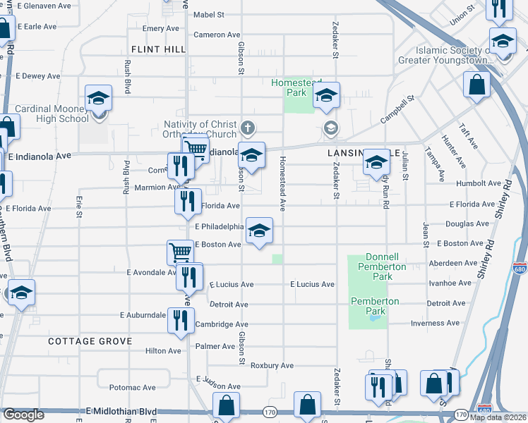 map of restaurants, bars, coffee shops, grocery stores, and more near 737 East Florida Avenue in Youngstown