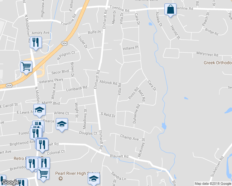 map of restaurants, bars, coffee shops, grocery stores, and more near 69 Villa Road in Pearl River