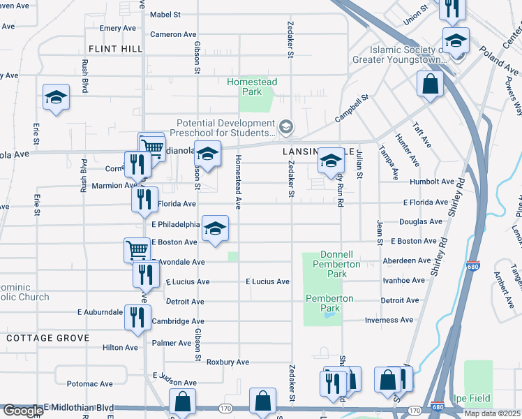 map of restaurants, bars, coffee shops, grocery stores, and more near 837 East Florida Avenue in Youngstown
