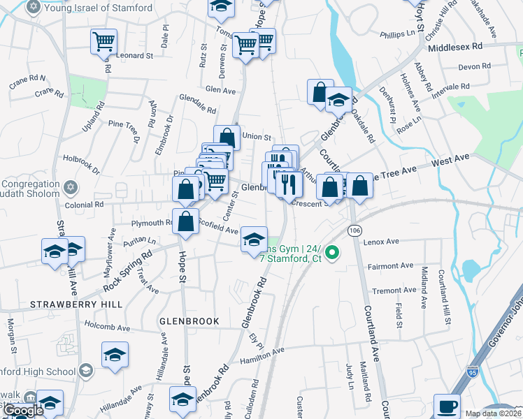 map of restaurants, bars, coffee shops, grocery stores, and more near 25 Center Terrace in Stamford