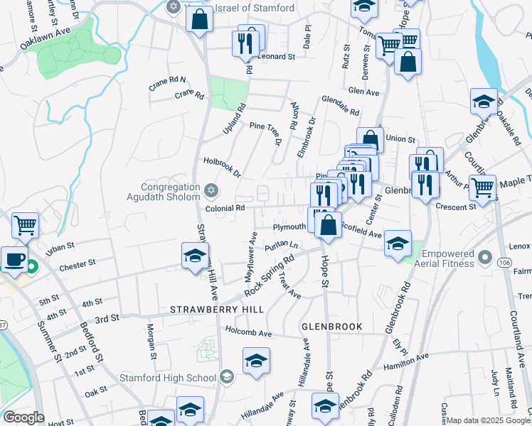 map of restaurants, bars, coffee shops, grocery stores, and more near 112 Colonial Road in Stamford
