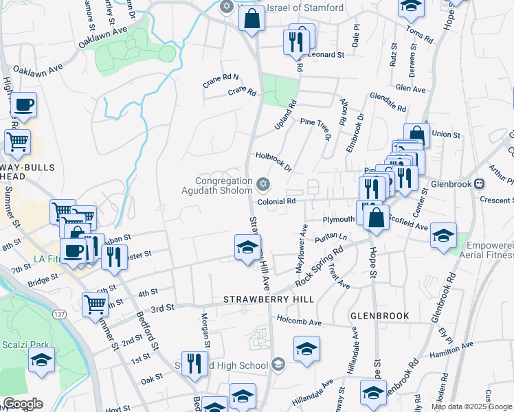 map of restaurants, bars, coffee shops, grocery stores, and more near in Stamford