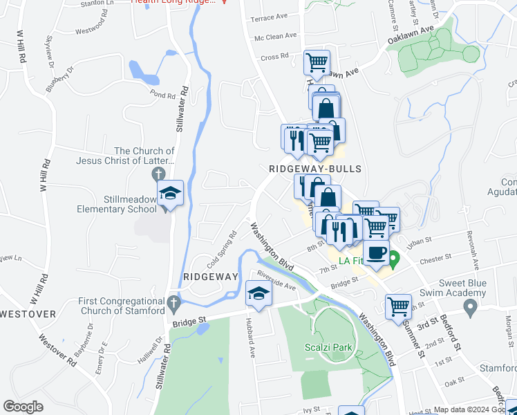 map of restaurants, bars, coffee shops, grocery stores, and more near 96 Cold Spring Road in Stamford