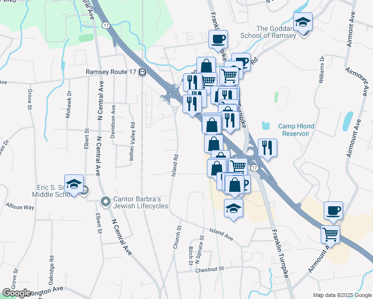 map of restaurants, bars, coffee shops, grocery stores, and more near 1 Regency Park in Ramsey