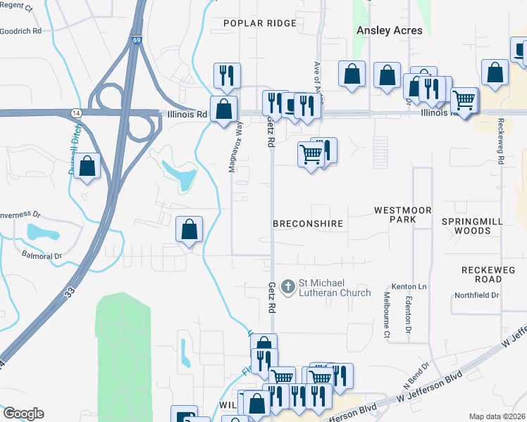 map of restaurants, bars, coffee shops, grocery stores, and more near 1706 Getz Road in Fort Wayne